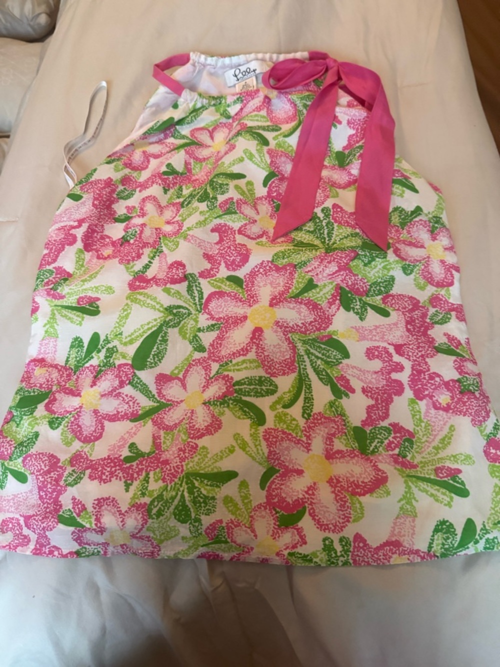 Lilly Pulitzer White Floral Halter Dress with Pink Tie